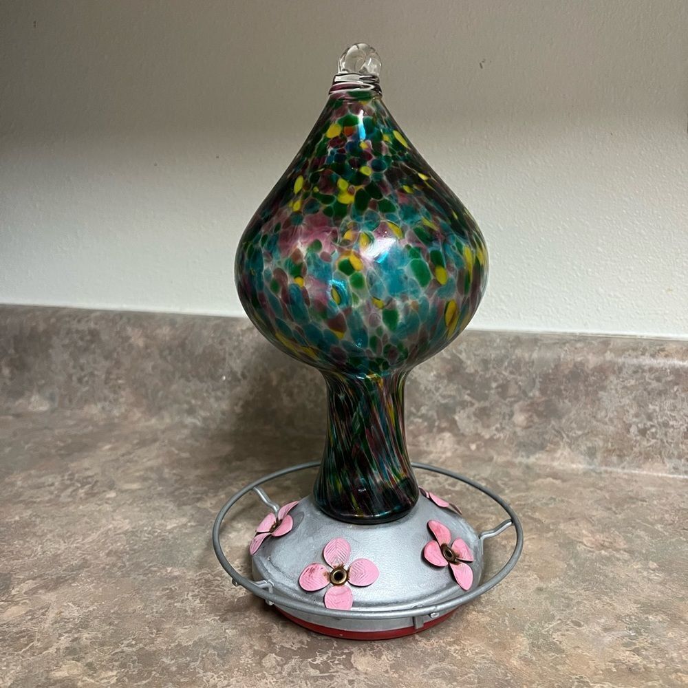Hummingbird Feeder by Grateful Gnome - Large Hand Blown Stained Glass Feeder